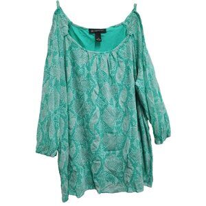 INC International Concepts Womens BOHO Top 1X Green Snake Print Cold Shoulder
